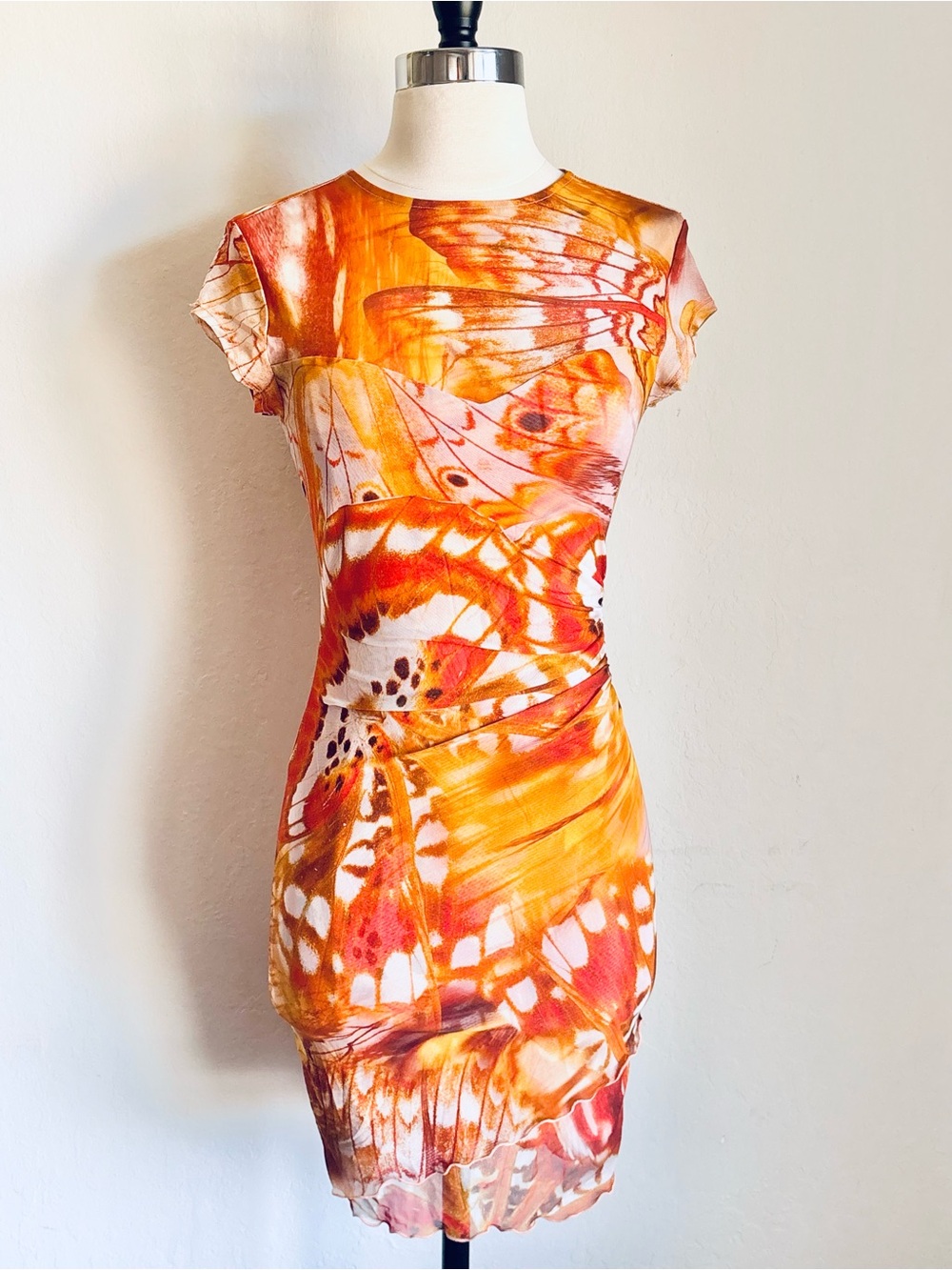GUESS Orange Abstract Butterfly-Print Mesh Ruched Side Mini Dress